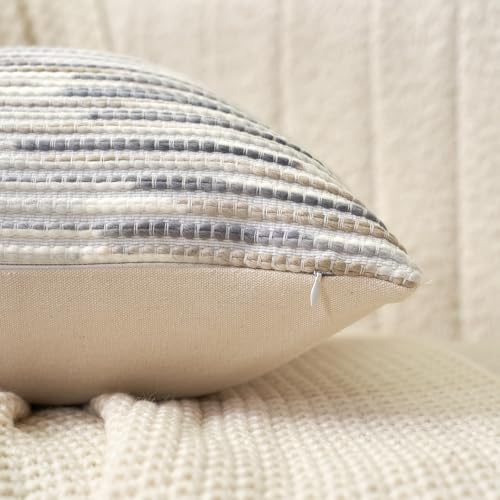 Aeckself Boho Striped Pillow Cover 20x20, Decorative Square Throw Pillow Cover Chenille Neutral Pillowcase for Couch Bedroom Living Room, Gray White - Image 4