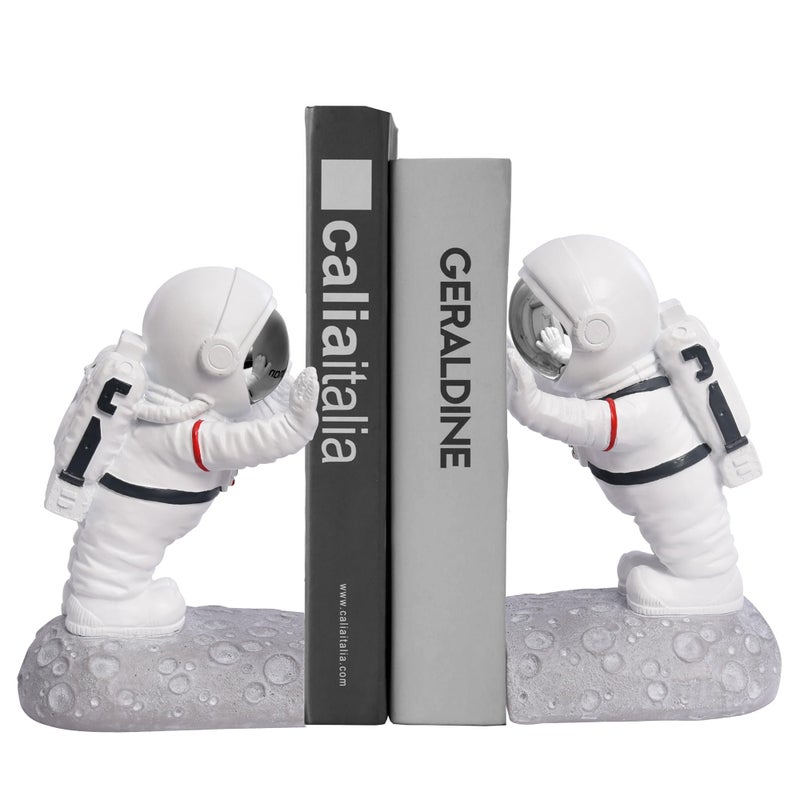 Kakizzy Book End Holder Astronaut Bookends Outer Space Themed Astronaut Figurine Decorative Book Stoppers to Hold Books Heavy Duty Bookshelf Ends for Kids Rooms Space Decor Bookends ASilver Color