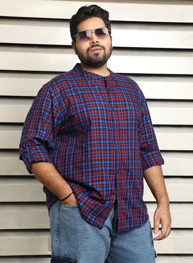 هاي ستار قميص رجالي كاروهات متعدد الألوان بياقة ماندرين وأكمام كاملة من القطن - Image 1