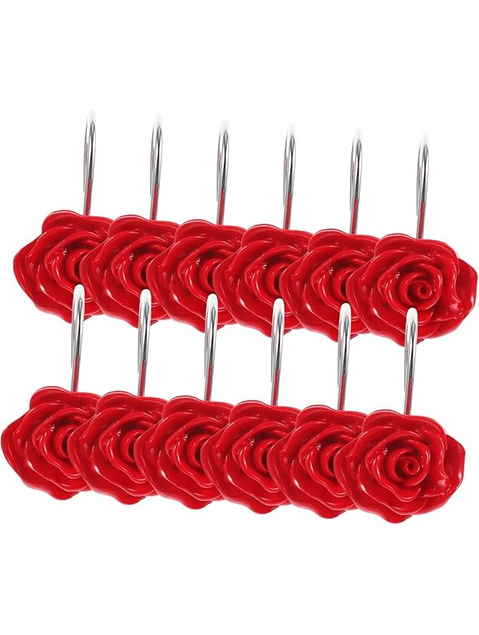 12 Pcs Red Rose Shower Curtain Hooks Easy Install Bathroom Decor Accessories - Image 1