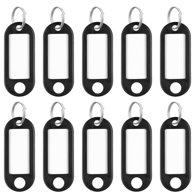 Uniclife 10 Pieces Key Tags 2 Inch Soft Plastic Key Chain Tags with Blank Paper Labels Clear Windows Protective Films and Split Rings Flexible Item Identifiers, Black - Image 1