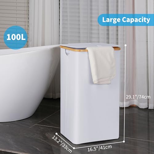 efluky Laundry Hamper with Lid, 100L Tall Laundry Basket with Bamboo Handles for Clothes and Toys, Collapsible Laundry Hamper with Inner Bag for Bedroom and Bathroom, White - Image 2