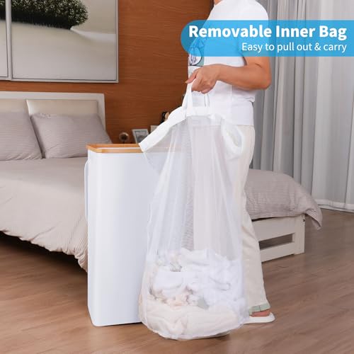 efluky Laundry Hamper with Lid, 100L Tall Laundry Basket with Bamboo Handles for Clothes and Toys, Collapsible Laundry Hamper with Inner Bag for Bedroom and Bathroom, White - Image 4