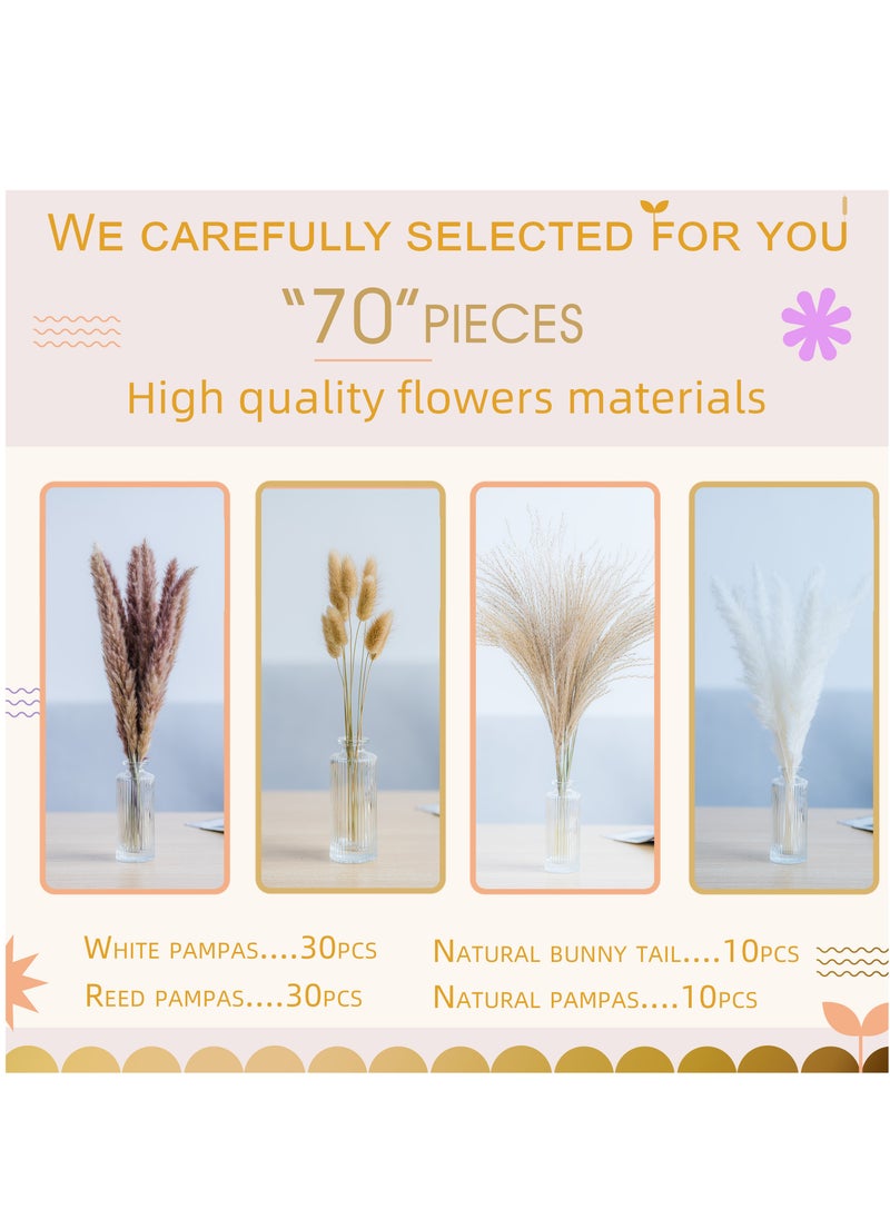 MERICKA - 70 Pcs | 15 Pcs White Pampas & 15 Pcs Natural Pampas & 30 Pcs Reed Grass 10 Bunny tail Natural Dried Pampas Grass for Flower Arrangements Home Decor Boho - Image 1