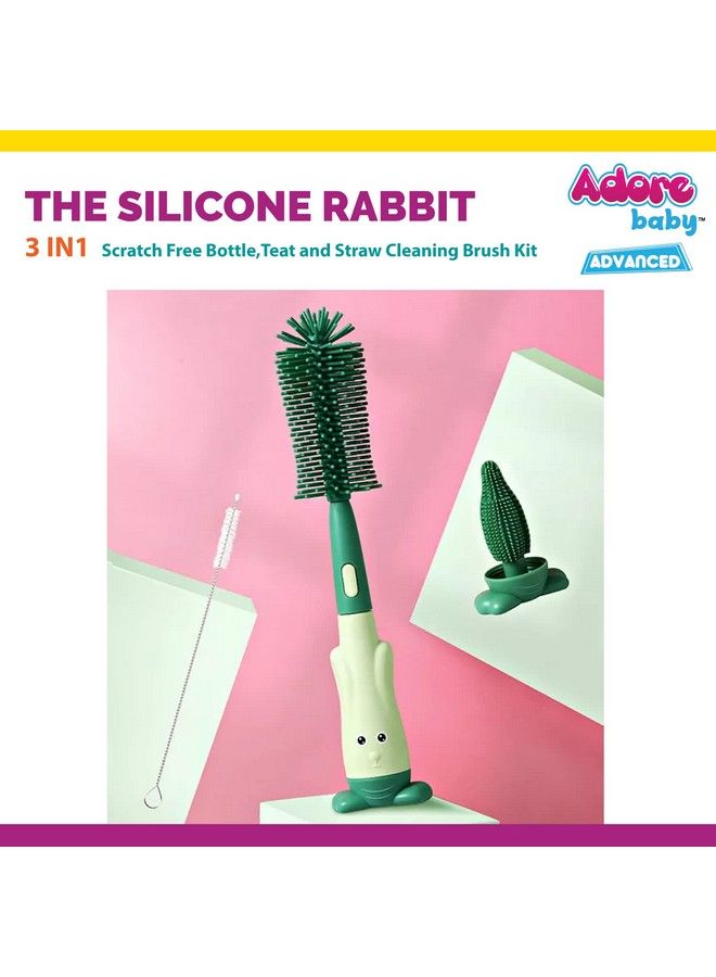 Adore Rabit 3In1 Baby Bottle Brush Silicone Bottle Brush Straw Brush Pacifier Brush Set Water Cup Cleaning Brush (Silicone Green) - Image 4
