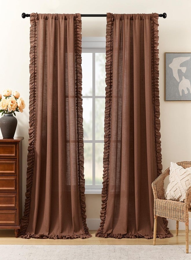 TERLYTEX Dark Terracotta Farmhouse Curtains 84 Inches Long, 2 Panels, W58 x L84 Inch, Linen Textured Rust Colored Linen Curtains for Bedroom, Rod Pocket Privacy Semi-Sheer Autumn Flowy Scalloped Ruffle Curtain - Image 2