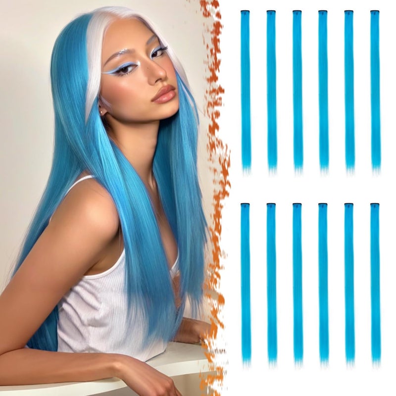BARSDAR Light Blue Hair Extensions Clip in  Colored Blue Hair Extensions for Women 22 12 PCs Colorful Hair Extensions Straight Synthetic Blue Hairpieces Christmas Halloween Hair  Sky Blue