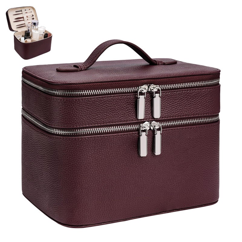 idoltimes Makeup Case, Large Capacity Leather Makeup Bag for Women,Large Capacity Waterproof Double Leather Cosmetic Case,Removable Compartment Travel Organizer - Image 1