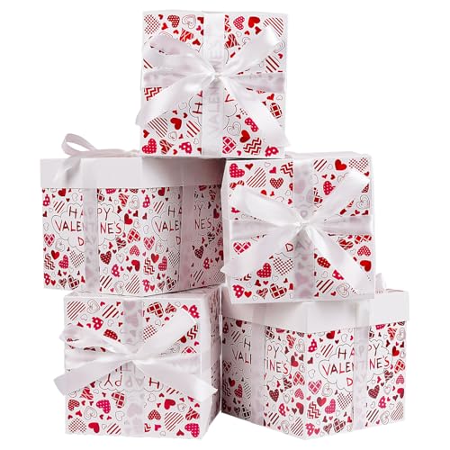Jaywayang 5 Pack White Valentine Gift Boxes with Lids, Ribbons and Tissue Papers Square Gift Boxes - 7.1 Inch - Presents Wrapping Valentine's Day Decoration Party Favor Boxes. - Image 1