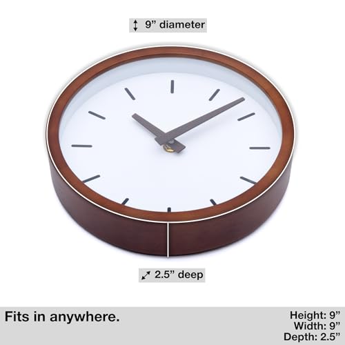 Driini Modern Mid Century Wood Analog Wall Clock (9") - Battery Operated with Silent Sweep Movement - Small Decorative Wooden Clocks for Bedrooms, Bathroom, Kitchen, Living Room, or Office… - Image 3