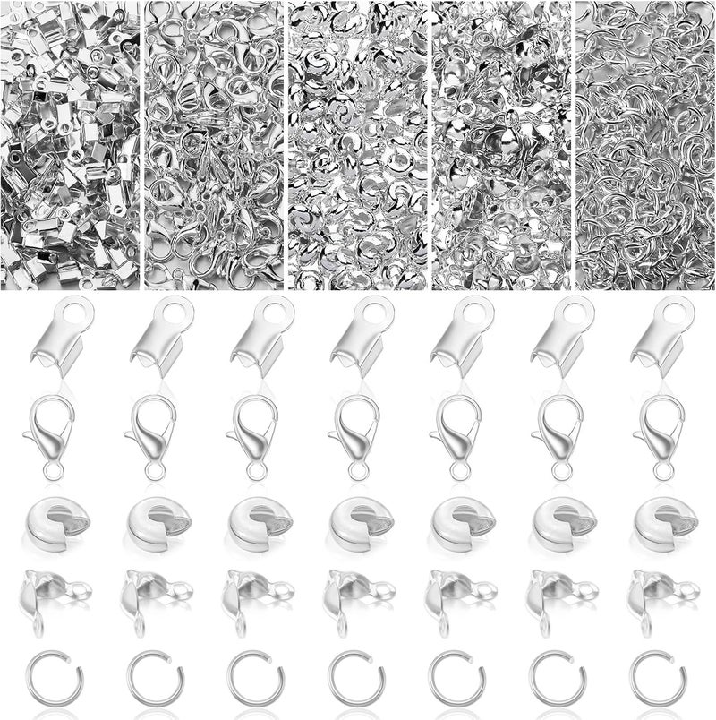 Sureio 880 Pieces Jewelry Making Accessories Set Include 80 Lobster Clasps 200 Bead Knot Covers 200 Crimp Cover 200 Crimp End Tip and 200 Jump Ring Connectors for DIY Crafts Bracelet Jewelry Supplies Silver  - Image 1