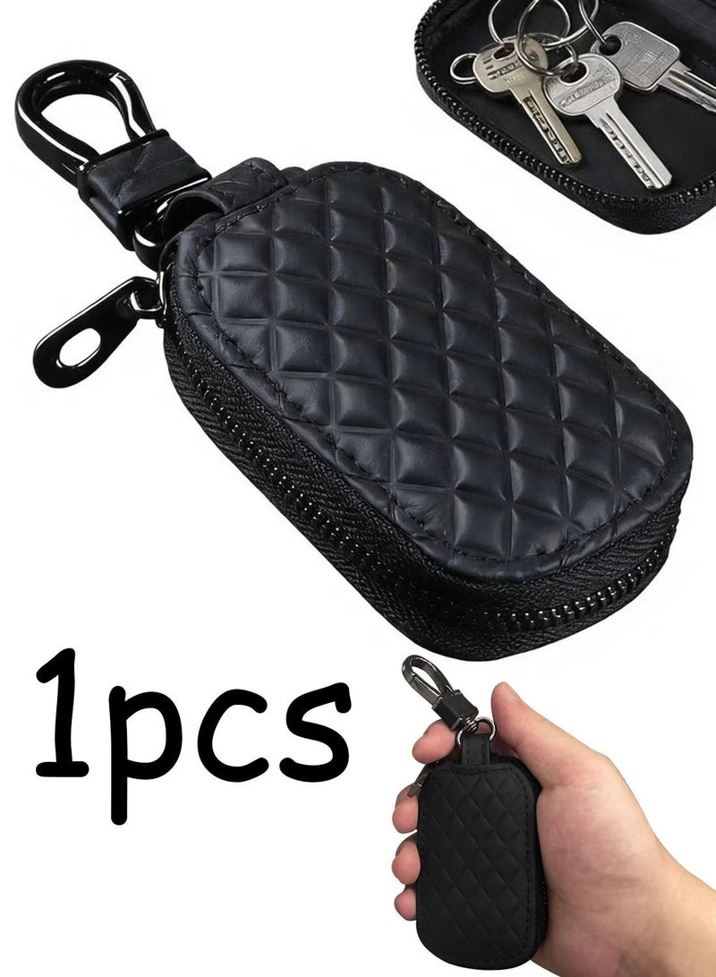 Car Key Case, Premium Genuine Leather Universal Car Key Case – Remote Key Fob Cover with Zipper Bag, Metal Hook & Keychain Holder – Black - Image 1