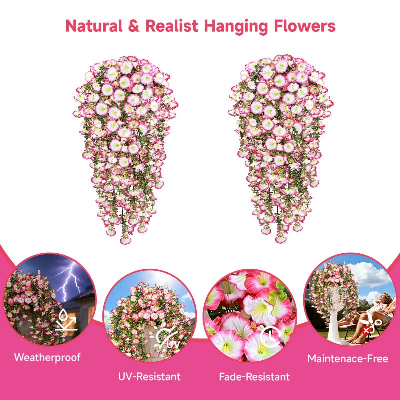 Julako Artificial Hanging Flowers for Outdoors, 2 PCS 300 Blooms UV Resistant Morning Glory Faux Silk Vines, No-Odor Realistic Fake Plants for Garden Planter Porch Patio Decoration, Pink - Image 2