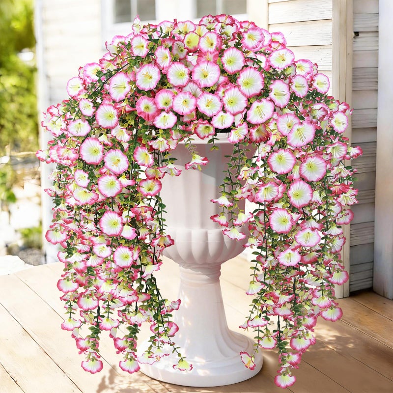 Julako Artificial Hanging Flowers for Outdoors, 2 PCS 300 Blooms UV Resistant Morning Glory Faux Silk Vines, No-Odor Realistic Fake Plants for Garden Planter Porch Patio Decoration, Pink - Image 1
