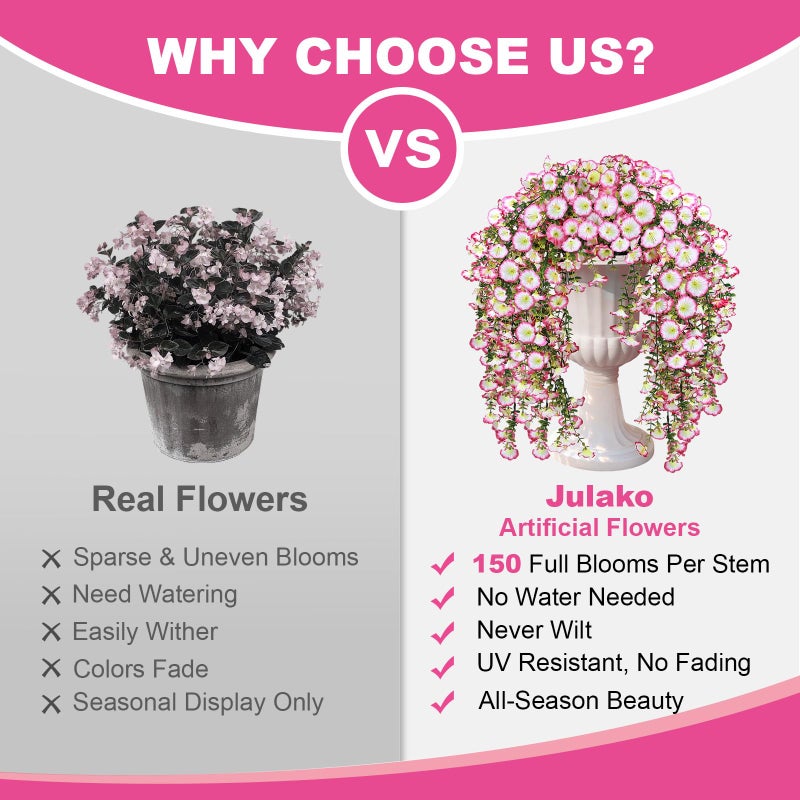 Julako Artificial Hanging Flowers for Outdoors, 2 PCS 300 Blooms UV Resistant Morning Glory Faux Silk Vines, No-Odor Realistic Fake Plants for Garden Planter Porch Patio Decoration, Pink - Image 4
