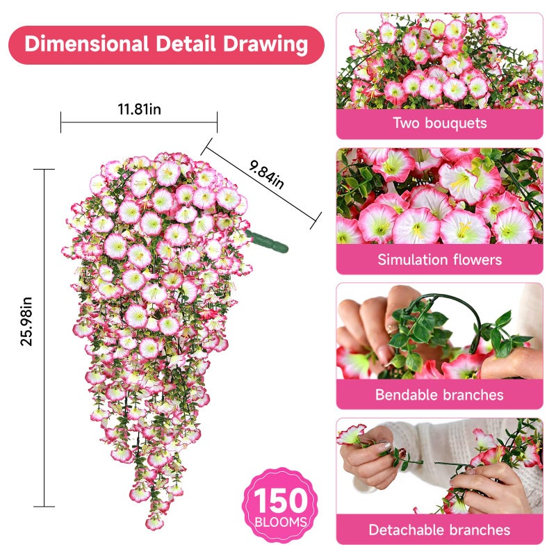 Julako Artificial Hanging Flowers for Outdoors, 2 PCS 300 Blooms UV Resistant Morning Glory Faux Silk Vines, No-Odor Realistic Fake Plants for Garden Planter Porch Patio Decoration, Pink - Image 3