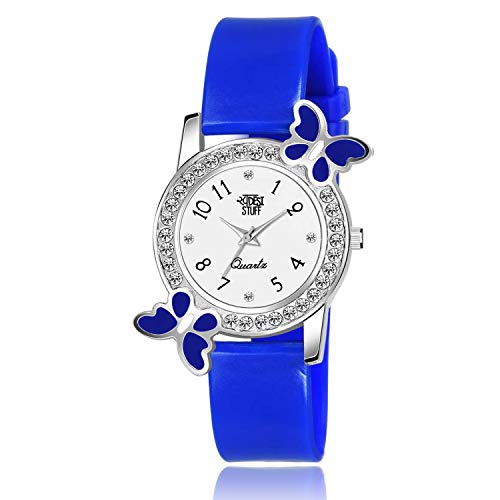 SWADESI STUFF Plastic Analog White Dial Diamond Studded Blue Butterfly Watch For Girls & Women, Blue Band - Image 1