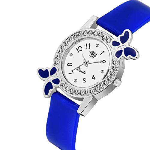 SWADESI STUFF Plastic Analog White Dial Diamond Studded Blue Butterfly Watch For Girls & Women, Blue Band - Image 2
