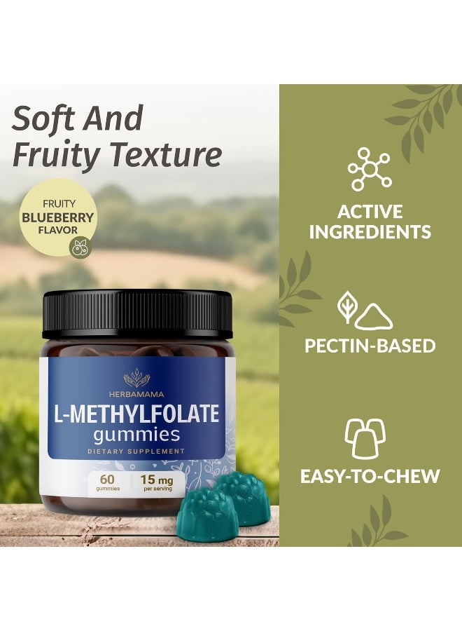 HERBAMAMA L-Methylfolate Gummies - 15Mg 5-Mthf Calming Supplement For Adults - Vegan, Non-Gmo Methylated Folate (Vitamin B9) For Brain Support - 60 Pectin-Based Blueberry-Flavored Chews - Image 4