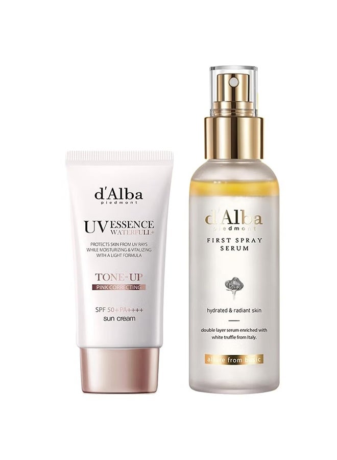دي'ألبا مجموعة كريم واقي الشمس المائي UV ESSENCE WATERFULL وسبراي السيروم الأول، SPF 50 PA، كريم واقي شمس ملون بلون وردي لتوحيد اللون، سيروم وجه نباتي مرطب ومشع بطبقة مزدوجة من الكمأة البيضاء، 50مل و100مل - Image 1