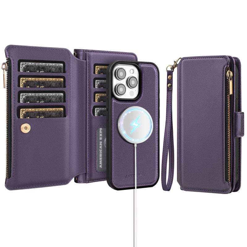 Antsturdy Compatible with Magsafe Magnetic 2 in 1 Detachable iPhone 15 Pro Wallet Case with Credit Card Holder Slots,PU Leather RFID Blocking Phone Cover Wrist Strap Zipper Women Men,Purple - Image 1