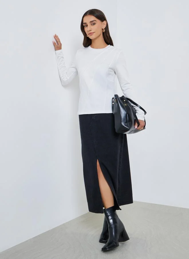 Styli White Long Sleeve T-Shirt with Pipping Detail