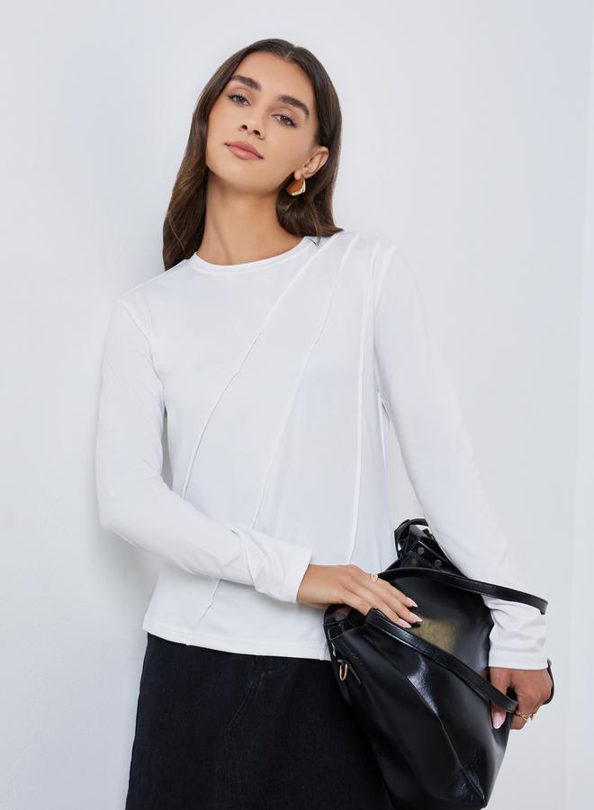 Styli White Long Sleeve T-Shirt with Pipping Detail - Image 1