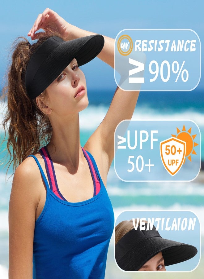 Pleneal Sun Hats for Women - Wide Brim Sun Visor Hat for Women, UPF50+ Lightweight Foldable Ponytail Sports Cap, Black, One size - Image 2