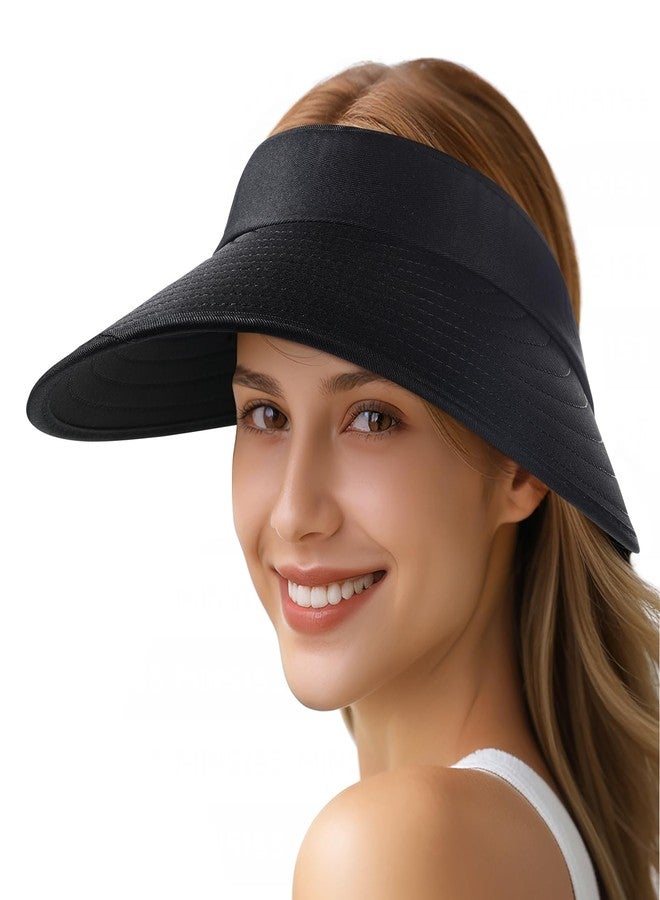 Pleneal Sun Hats for Women - Wide Brim Sun Visor Hat for Women, UPF50+ Lightweight Foldable Ponytail Sports Cap, Black, One size - Image 1