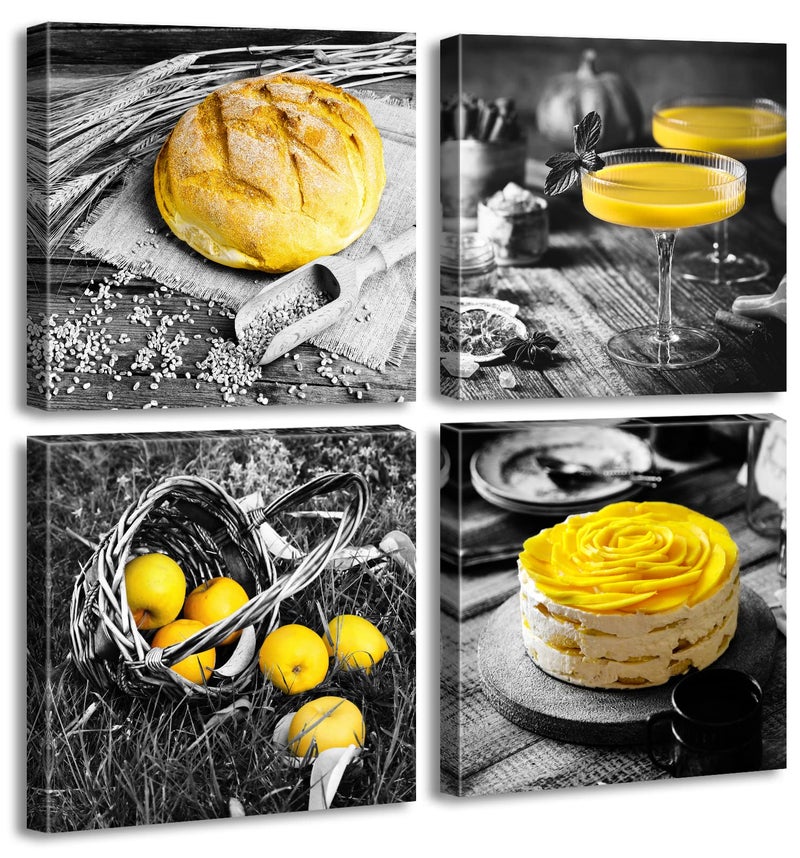DJSYLIFE Kitchen Wall Decor Black and White Yellow Wall Art Bread Cake Fruit Picture Canvas Print Paintings for Cafe Dining Room Restaurant Farmhouse Kitchen Decoration 12 Wx12 Hx4