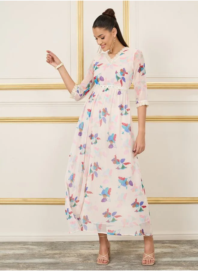 ستايلي Lace Trim Mirror Detail Floral AOP A-Line Maxi Dress