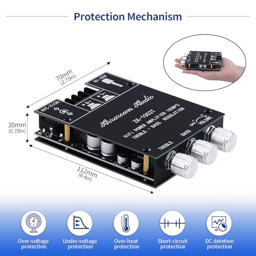 ARRAROWN ZK-1002T 2.0 Channel Bluetooth 5.0 Amplifier Board 200W HiFi Subwoofer Audio AMP with Treble and Bass Control BT and AUX Inputs, DC 12-24V 2.0 Channel Stereo AMP Module for DIY Speakers - Image 4