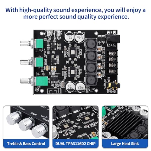 ARRAROWN ZK-1002T 2.0 Channel Bluetooth 5.0 Amplifier Board 200W HiFi Subwoofer Audio AMP with Treble and Bass Control BT and AUX Inputs, DC 12-24V 2.0 Channel Stereo AMP Module for DIY Speakers - Image 3