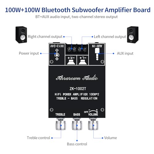 ARRAROWN ZK-1002T 2.0 Channel Bluetooth 5.0 Amplifier Board 200W HiFi Subwoofer Audio AMP with Treble and Bass Control BT and AUX Inputs, DC 12-24V 2.0 Channel Stereo AMP Module for DIY Speakers - Image 5