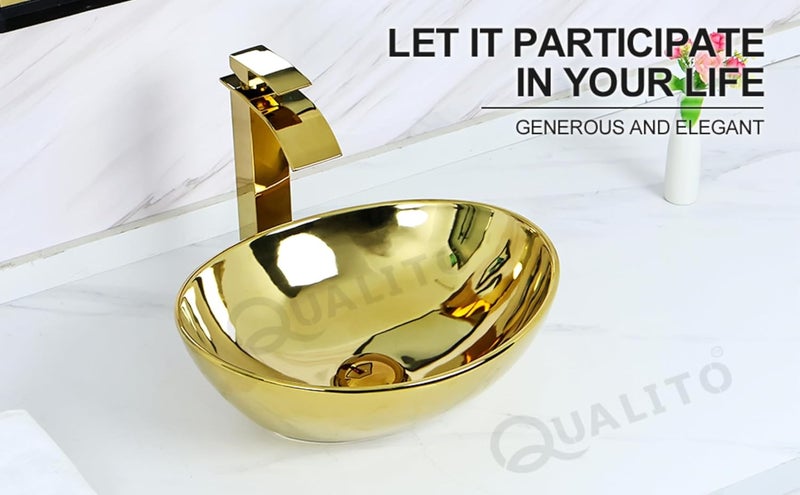 Qualito Golden Imported Table Top Wash Basin for Bathroom Living Room Hall Dinning Room CountertopOver Counter Ceramic Vessel SinkBasin Golden 16x13x6 Inch - Image 3