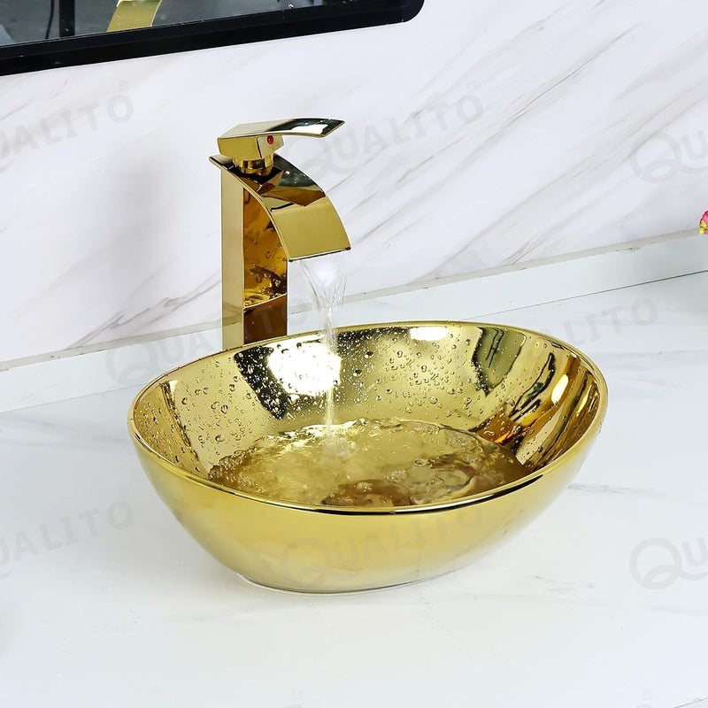 Qualito Golden Imported Table Top Wash Basin for Bathroom Living Room Hall Dinning Room CountertopOver Counter Ceramic Vessel SinkBasin Golden 16x13x6 Inch - Image 1