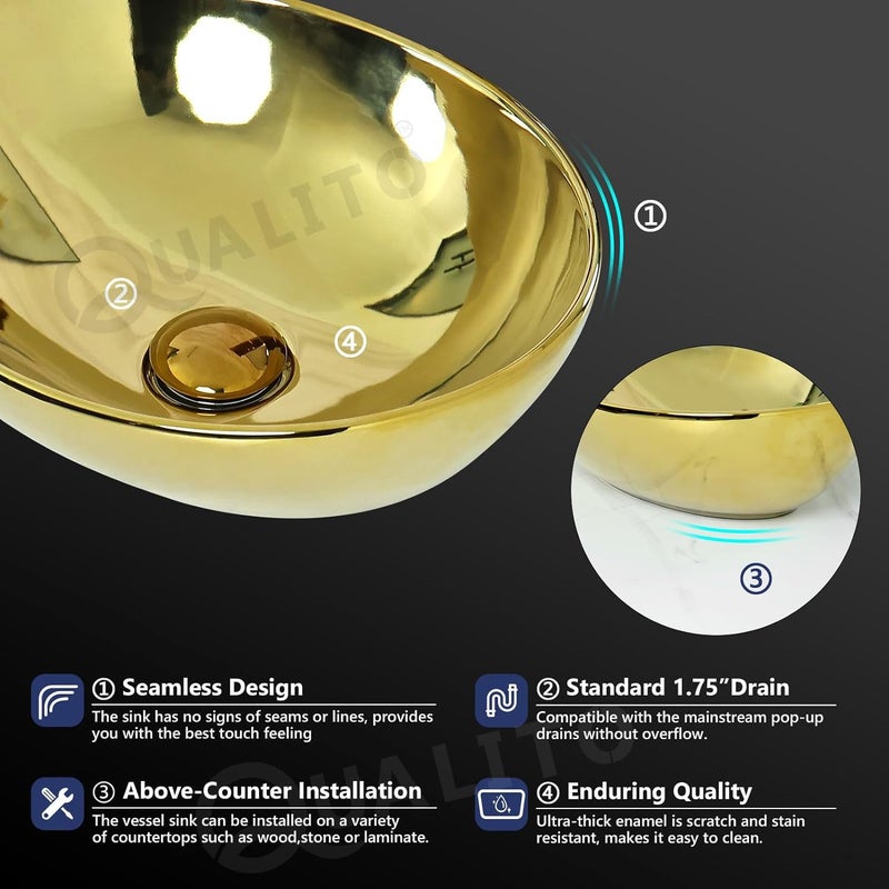 Qualito Golden Imported Table Top Wash Basin for Bathroom Living Room Hall Dinning Room CountertopOver Counter Ceramic Vessel SinkBasin Golden 16x13x6 Inch - Image 5
