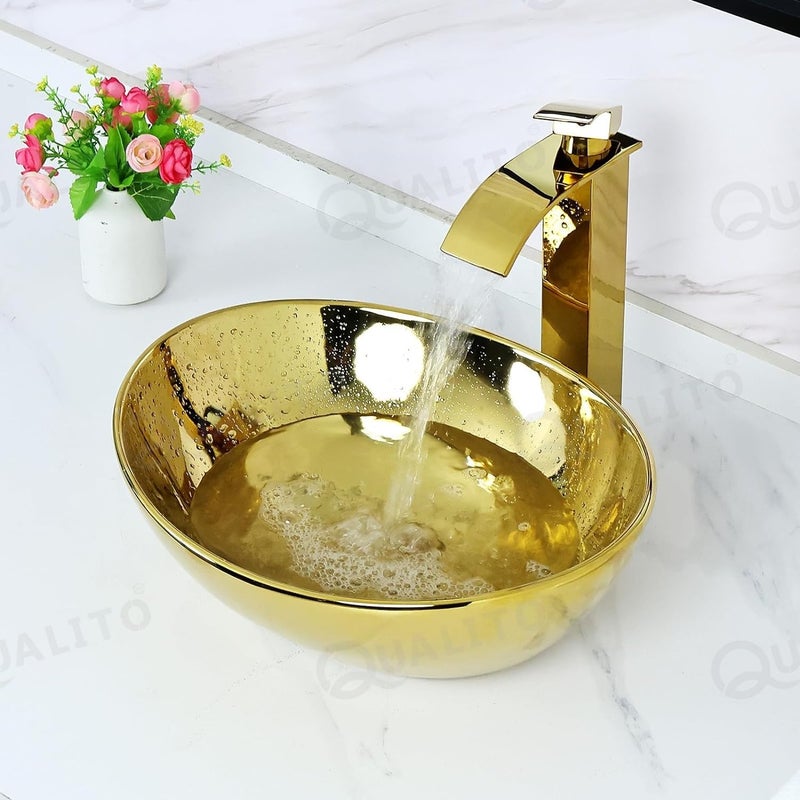 Qualito Golden Imported Table Top Wash Basin for Bathroom Living Room Hall Dinning Room CountertopOver Counter Ceramic Vessel SinkBasin Golden 16x13x6 Inch - Image 2