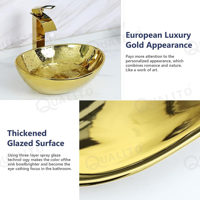 Qualito Golden Imported Table Top Wash Basin for Bathroom Living Room Hall Dinning Room CountertopOver Counter Ceramic Vessel SinkBasin Golden 16x13x6 Inch - Image 4