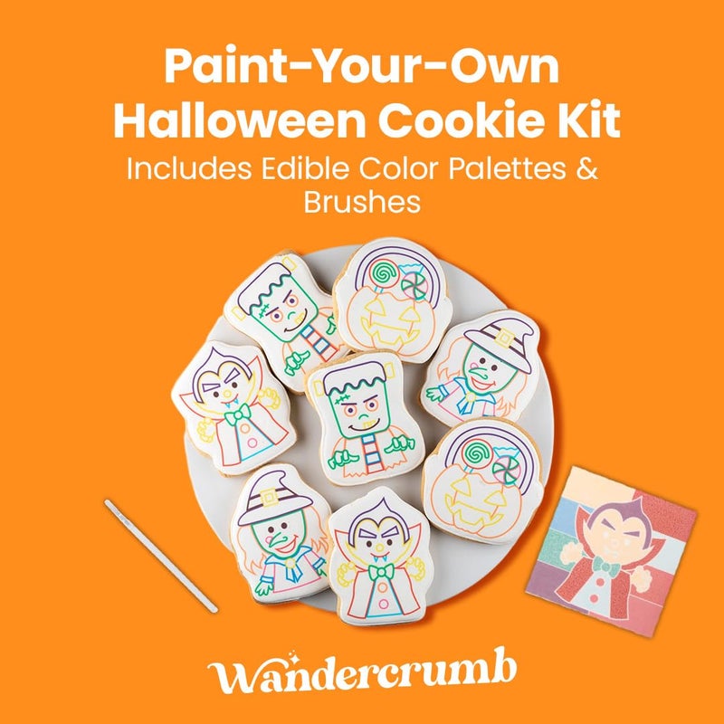WANDERCRUMB | Halloween Cookie Decorating Kits | 8 Jumbo cookies + 8 edible color palletes + brushes - Halloween Gifts for Kids, Kids Cookie Decorating Kit, Paint Your Own Sugar Cookie Individually Wrapped - Image 3