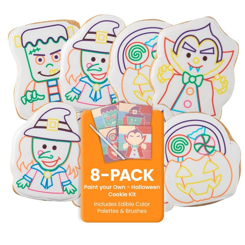 WANDERCRUMB | Halloween Cookie Decorating Kits | 8 Jumbo cookies + 8 edible color palletes + brushes - Halloween Gifts for Kids, Kids Cookie Decorating Kit, Paint Your Own Sugar Cookie Individually Wrapped - Image 1