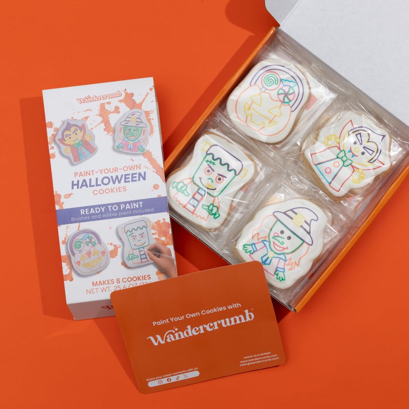 WANDERCRUMB | Halloween Cookie Decorating Kits | 8 Jumbo cookies + 8 edible color palletes + brushes - Halloween Gifts for Kids, Kids Cookie Decorating Kit, Paint Your Own Sugar Cookie Individually Wrapped - Image 4