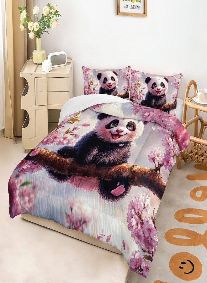 XYNHML Kawaii Black White Panda Theme Comforter 3Pcs Twin Wild Animal Cherry Blossom Bedding Set for Kid Teen Girl Boy Adult Flowers Branches Bear Quilt Bed Decor with 1 Comforter and 2 Pillowcases - Image 4