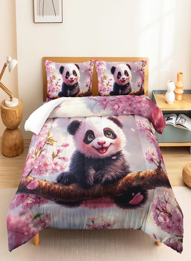 XYNHML Kawaii Black White Panda Theme Comforter 3Pcs Twin Wild Animal Cherry Blossom Bedding Set for Kid Teen Girl Boy Adult Flowers Branches Bear Quilt Bed Decor with 1 Comforter and 2 Pillowcases - Image 3