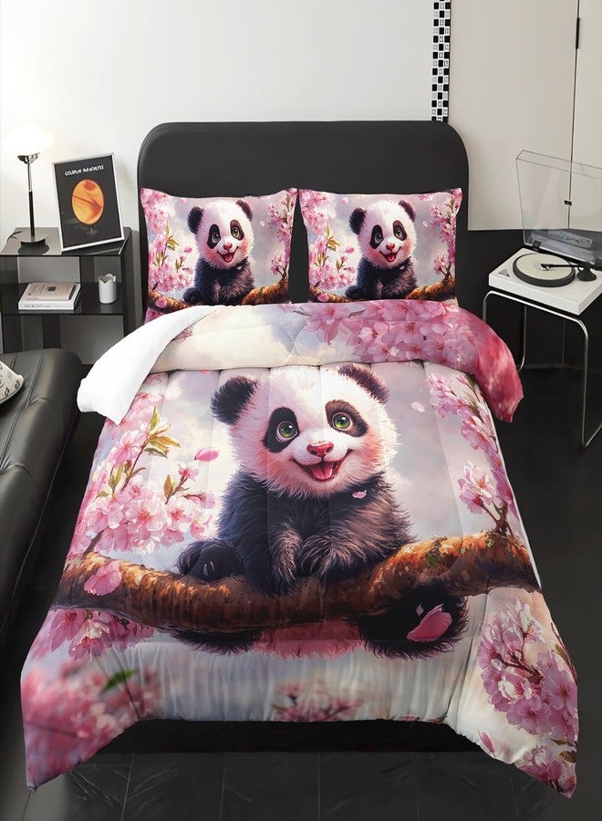 XYNHML Kawaii Black White Panda Theme Comforter 3Pcs Twin Wild Animal Cherry Blossom Bedding Set for Kid Teen Girl Boy Adult Flowers Branches Bear Quilt Bed Decor with 1 Comforter and 2 Pillowcases - Image 1