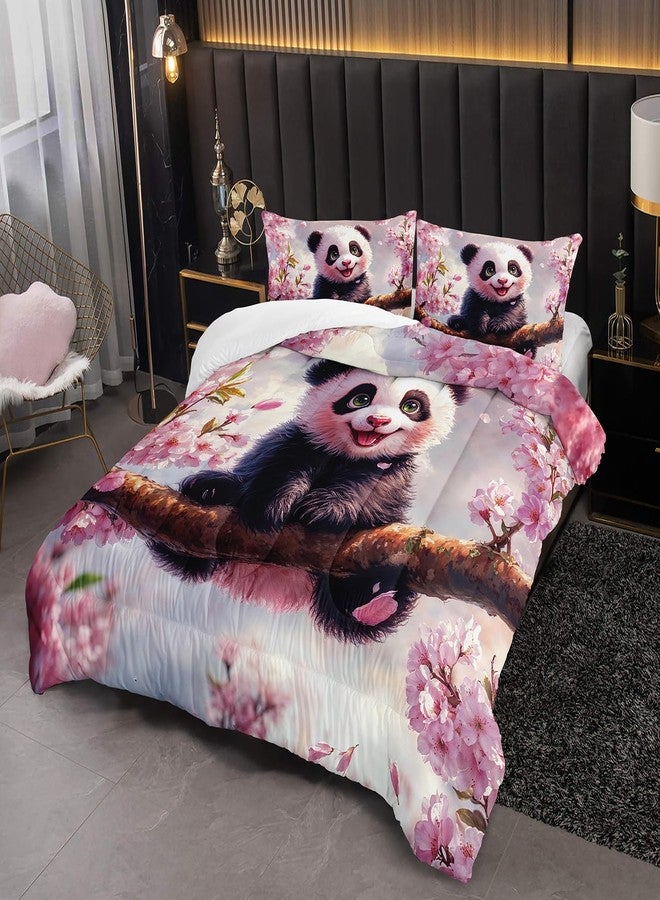 XYNHML Kawaii Black White Panda Theme Comforter 3Pcs Twin Wild Animal Cherry Blossom Bedding Set for Kid Teen Girl Boy Adult Flowers Branches Bear Quilt Bed Decor with 1 Comforter and 2 Pillowcases - Image 2