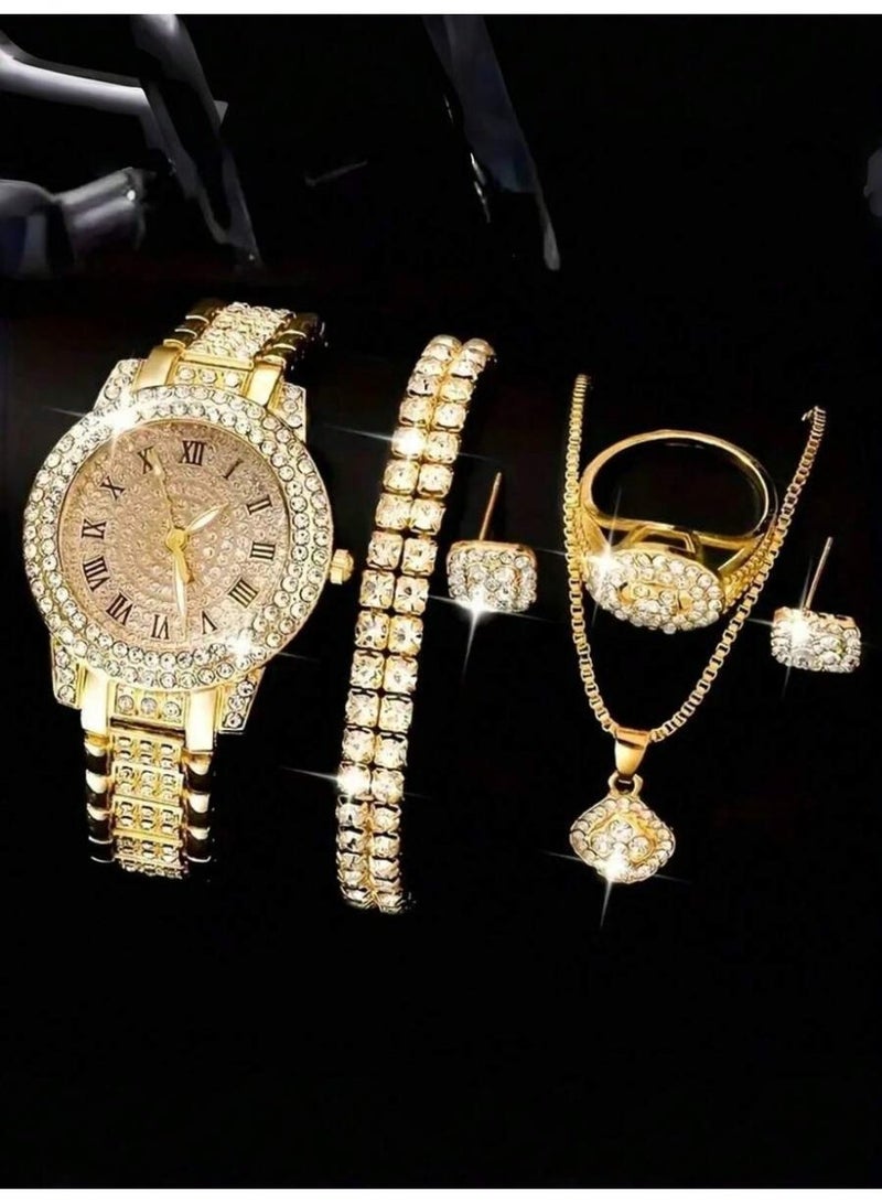 طقم ساعة نسائية كوارتز فاخرة مرصعة بالكريستال مع مجموعة إكسسوارات متكاملة – 6 قطع - Image 1