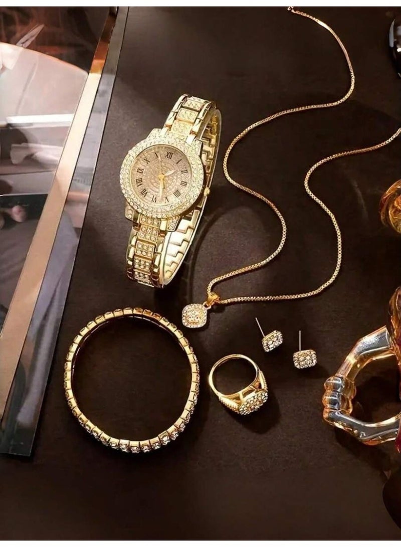 طقم ساعة نسائية كوارتز فاخرة مرصعة بالكريستال مع مجموعة إكسسوارات متكاملة – 6 قطع - Image 2