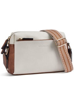 Bostanten Small Crossbody Purse For Women Triple Zip Cell Phone Leather Shoulder Handbag With Wide Guitar Strap Beige With Brown  - Image 1