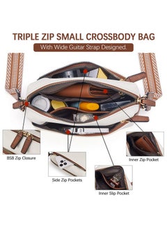 Bostanten Small Crossbody Purse For Women Triple Zip Cell Phone Leather Shoulder Handbag With Wide Guitar Strap Beige With Brown  - Image 5
